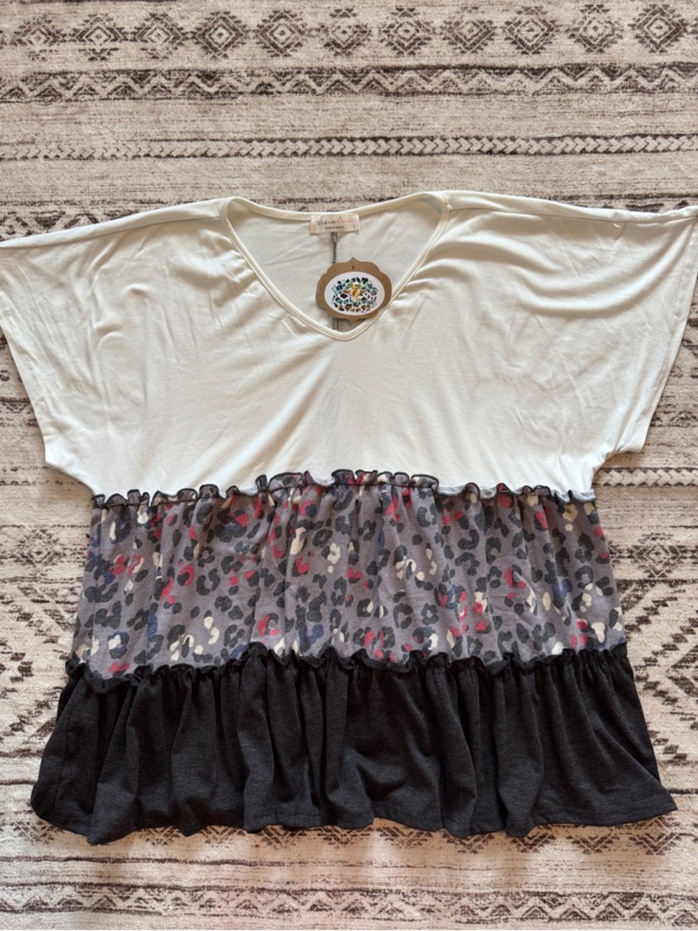 Casual V-Neck Tunic with Leopard Band and Black Ruffle